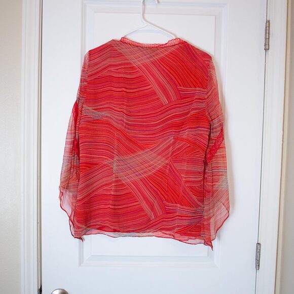 Sheer Red Swirl Silk Blouse Richard Malcolm Bell Sleeve V Neck L | True Spring - Picture 7 of 9